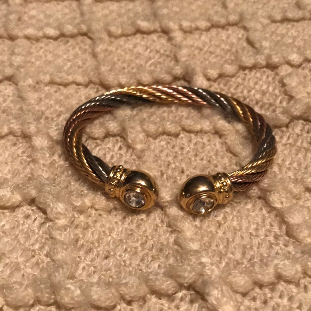 Braided gold, bronze, silver, crystal bracelet
